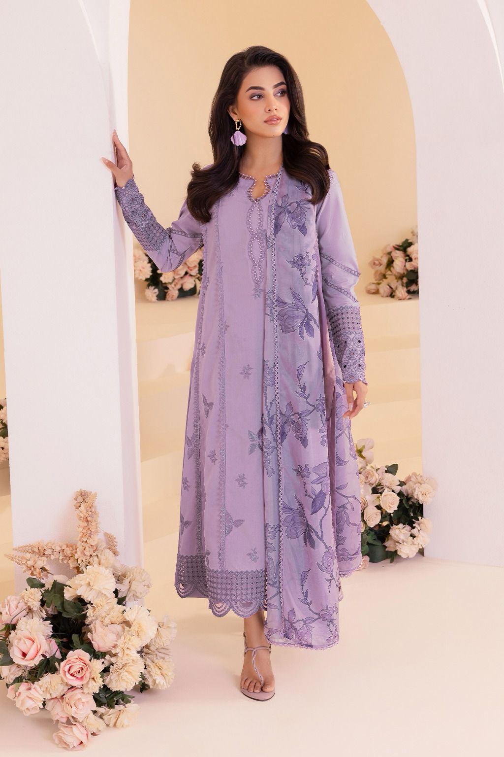 Lavender Embroidered 3-Piece Lawn Suit with Chiffon Dupatta