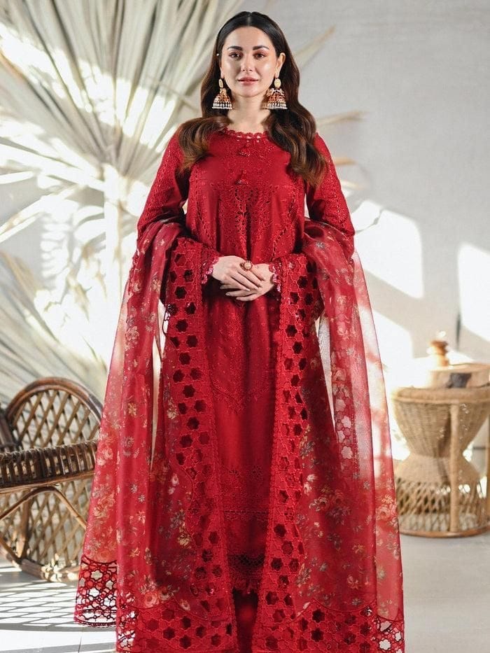 Crimson Red Embroidered 3-Piece Formal Lawn Suit with Organza Dupatta