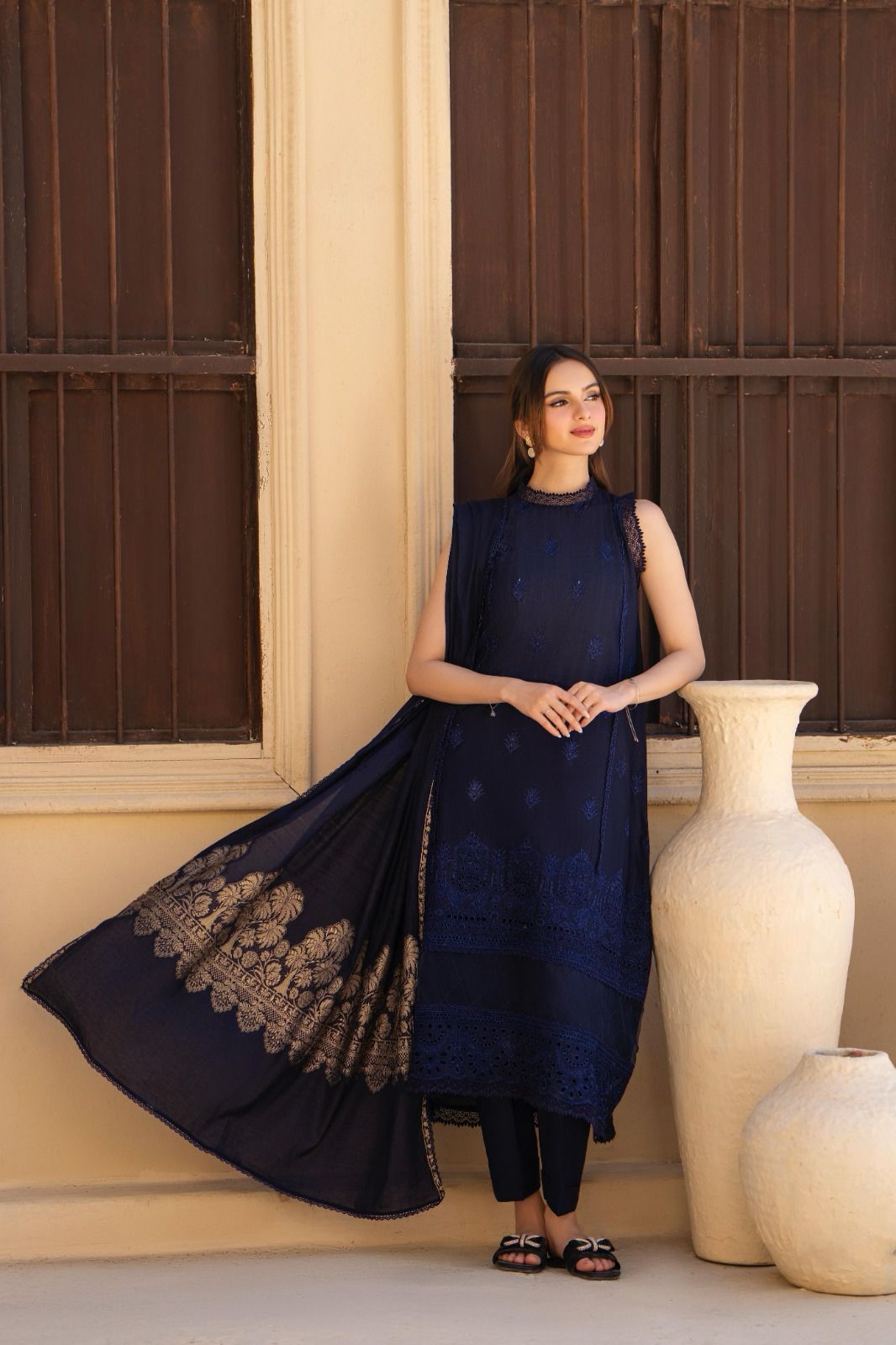 Navy Blue Embroidered Lawn 3-Piece Unstitched Suit – Luxury Edition