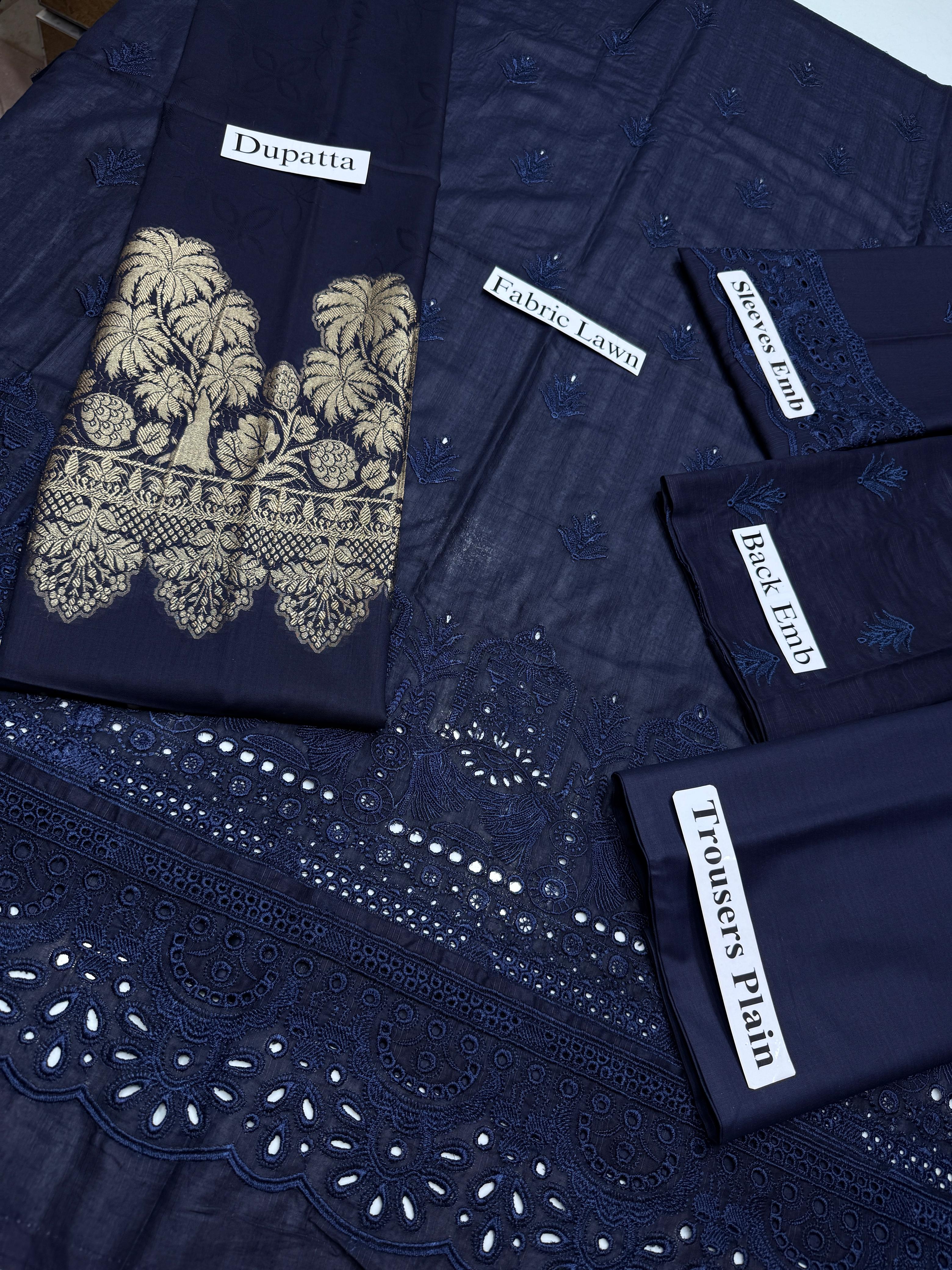 Navy Blue Embroidered Lawn 3-Piece Unstitched Suit – Luxury Edition