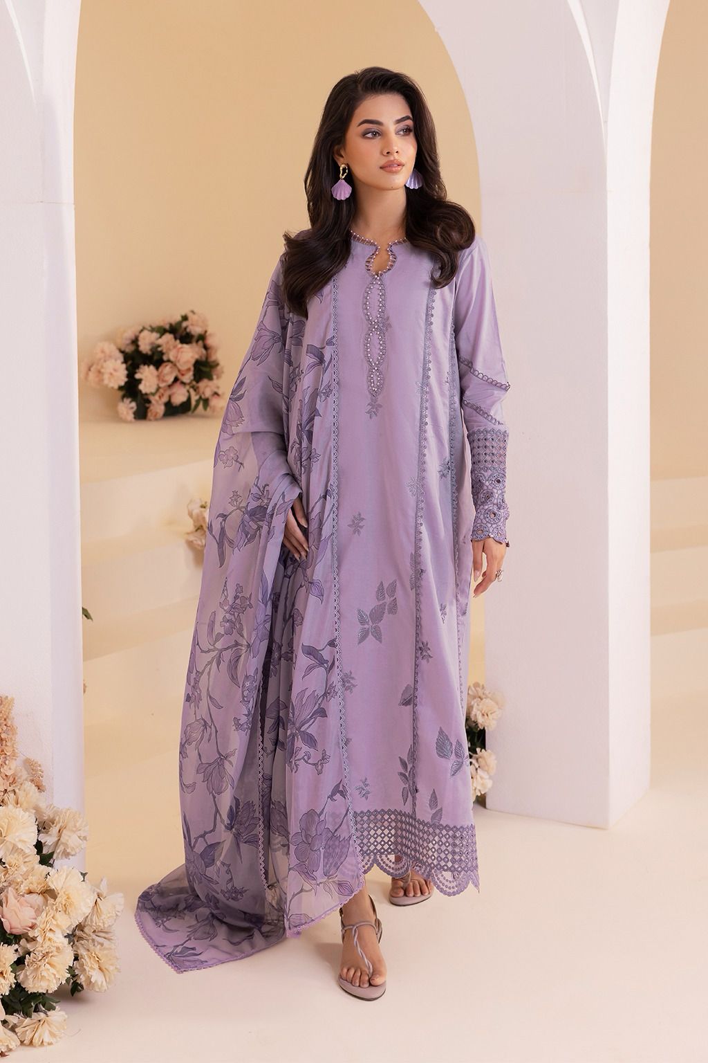 Lavender Embroidered 3-Piece Lawn Suit with Chiffon Dupatta