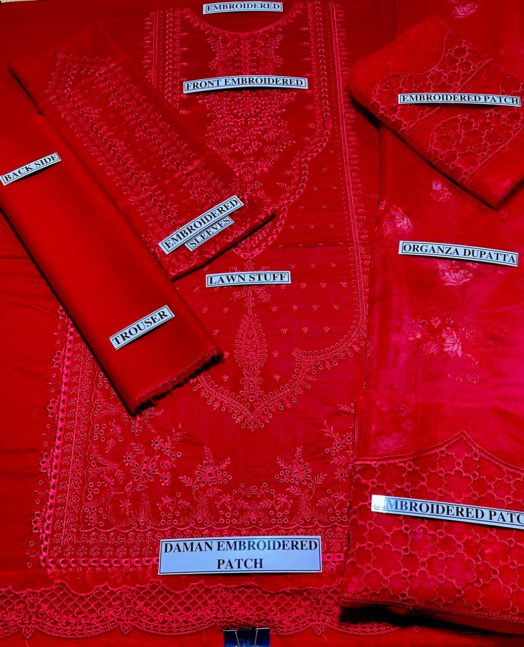 Crimson Red Embroidered 3-Piece Formal Lawn Suit with Organza Dupatta